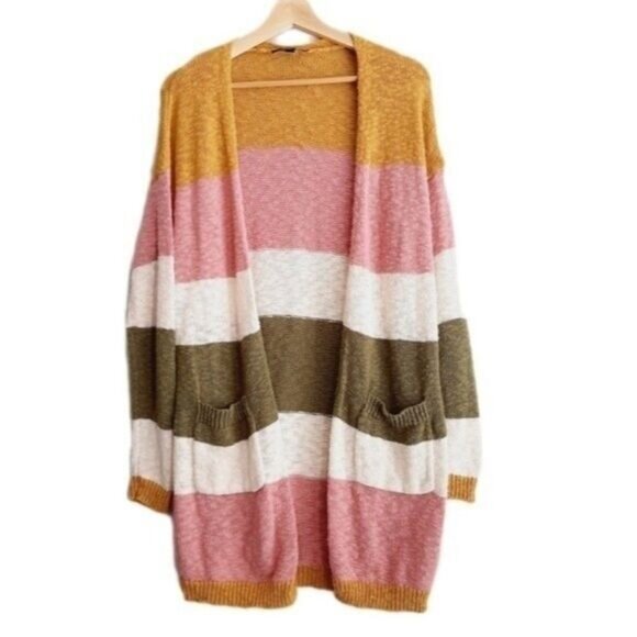 CHARLIE B / 100% Cotton Long Fine Knit Sweater Cardigan Wide Stripe Sz M - Picture 1 of 10